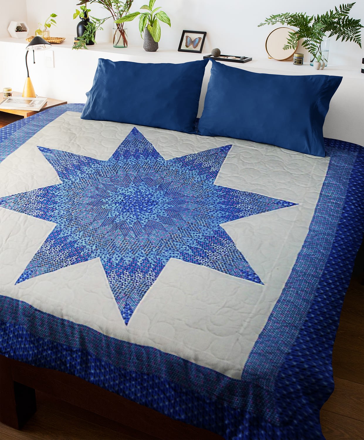 Blue and White Lone Star patchwork FINISHED QUILT – Queen size – Fine Quilting