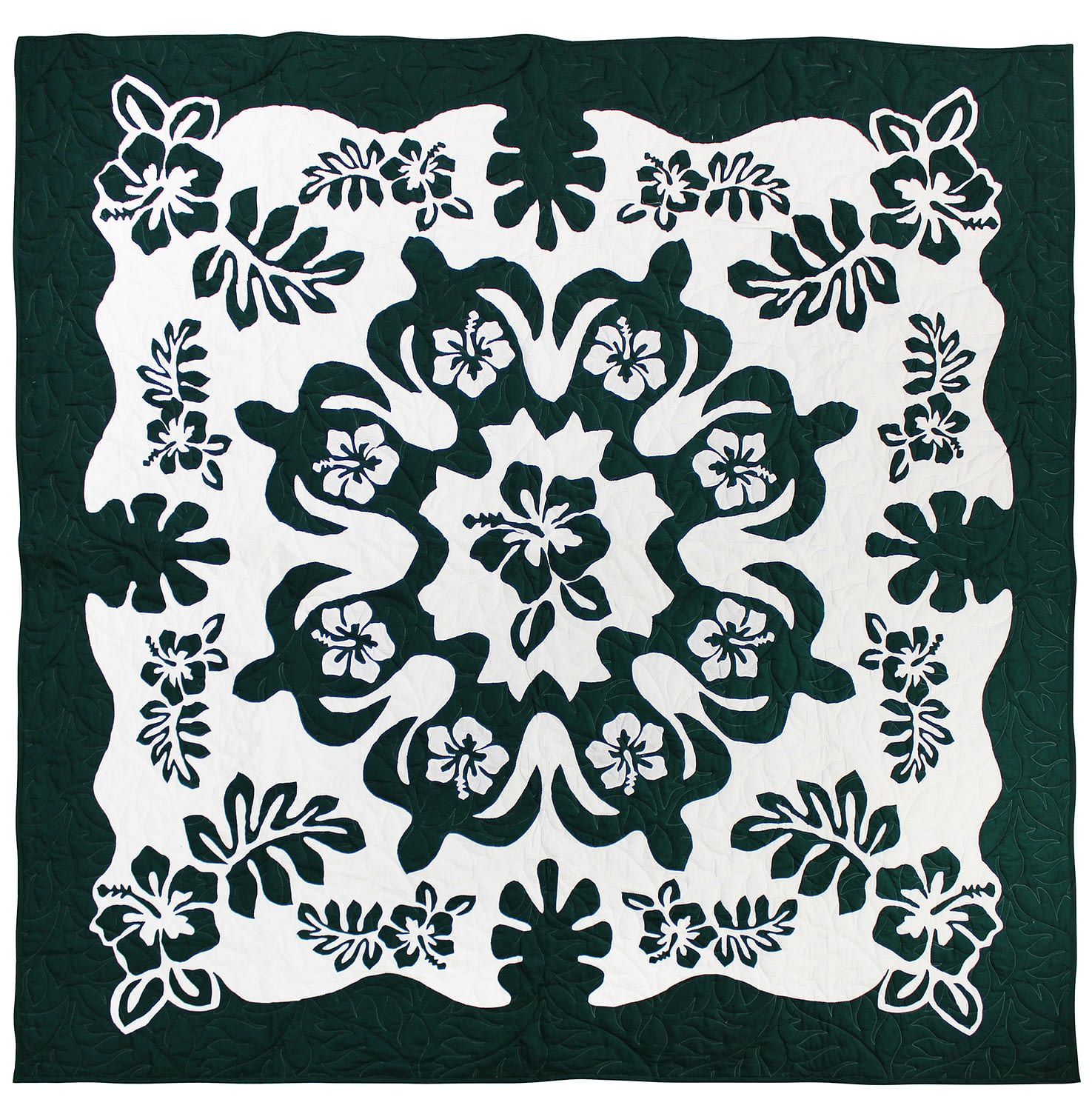 Applique Hawaiian Turtle Design FINISHED QUILT – Impeccable Quality Green & White