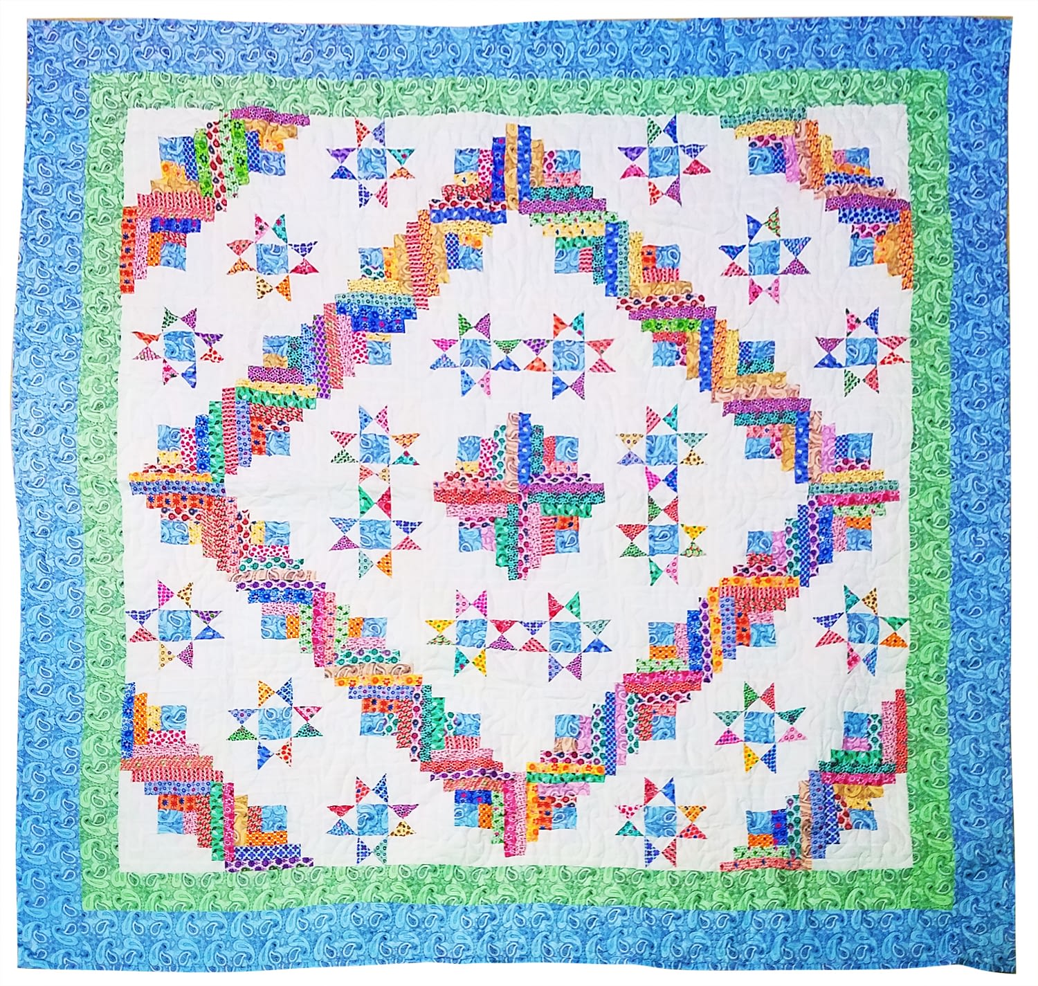 Patchwork Log Cabin Star with Ohio Stars FINISHED QUILT Scrap quilt Queen Size