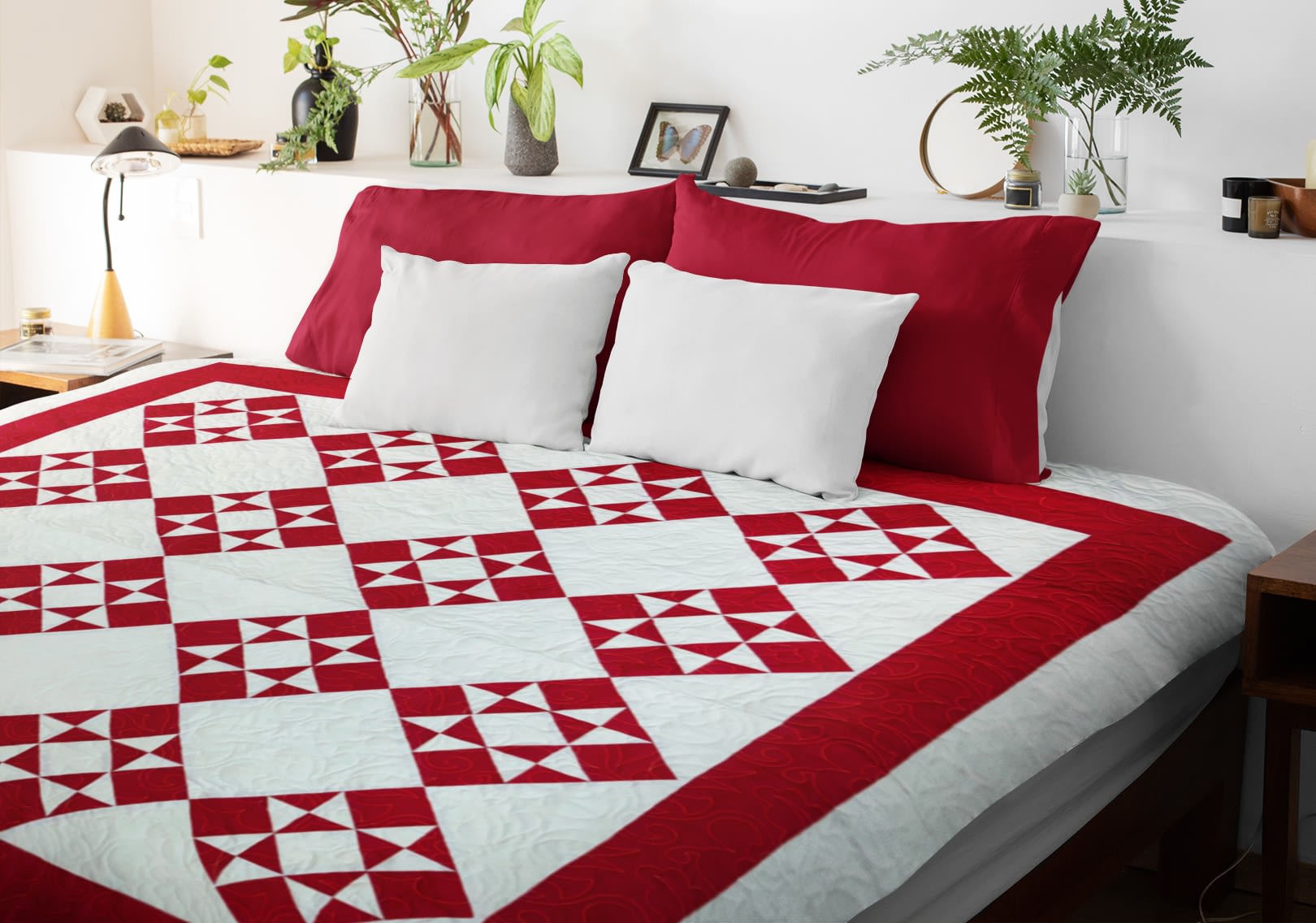 Unique Red & White Ohio Star FINISHED QUILT – Great Quilting and Graphic look