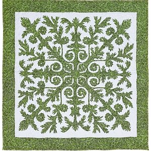 Green & White Hawaiian design finished wall quilt – Hand applique w/ rod pocket