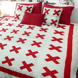 Red & White Red Cross Design FINISHED QUILT – Intricate feathers