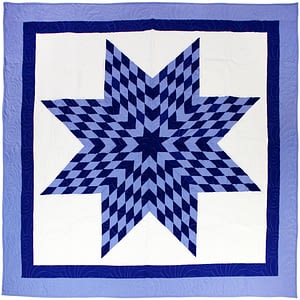 Blue & White Lone Star Patchwork FINISHED QUILT – Queen Size – Feather Quilting