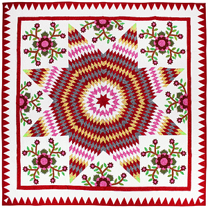 Lone Star, Hand Applique Floral Accents FINISHED QUILT Queen Size. Fine Quilting