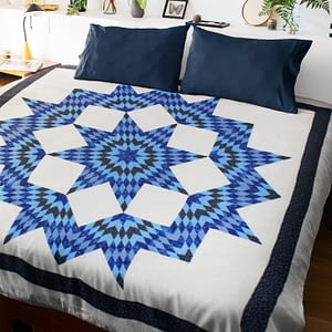 Blue & White Broken Star – FINISHED QUILT – Queen Size – Lace quilting