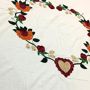 Soft colors – Floral Heart Hand Applique – QUILT TOP Large size, fine work