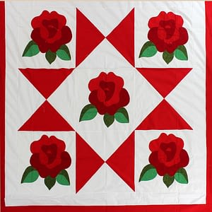 Large Hand Applique Red Rose, Star design QUILT TOP – Queen size masterpiece