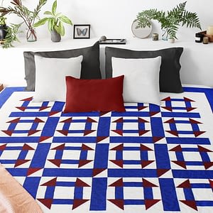 Traditional Red, Blue & White Patchwork Churn Dash FINISHED QUILT – Masculine